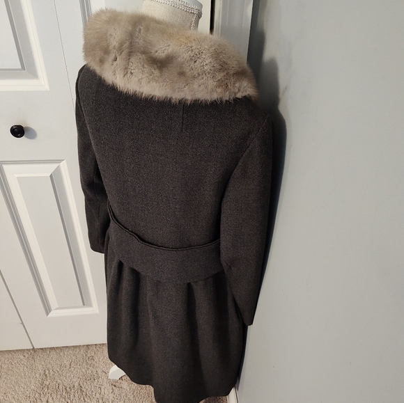 🌹Vintage 70's Unbranded Real Fur Herringbone Tweed Wool Button Front Overcoat M - Picture 14 of 16